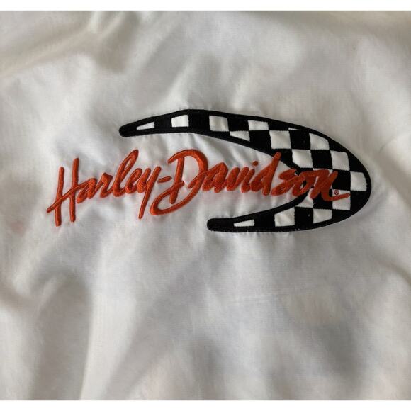 Harley-Davidson Y2K Racing Bomber Jacket M Checkered Logo Patch Flag USA White - Picture 13 of 14